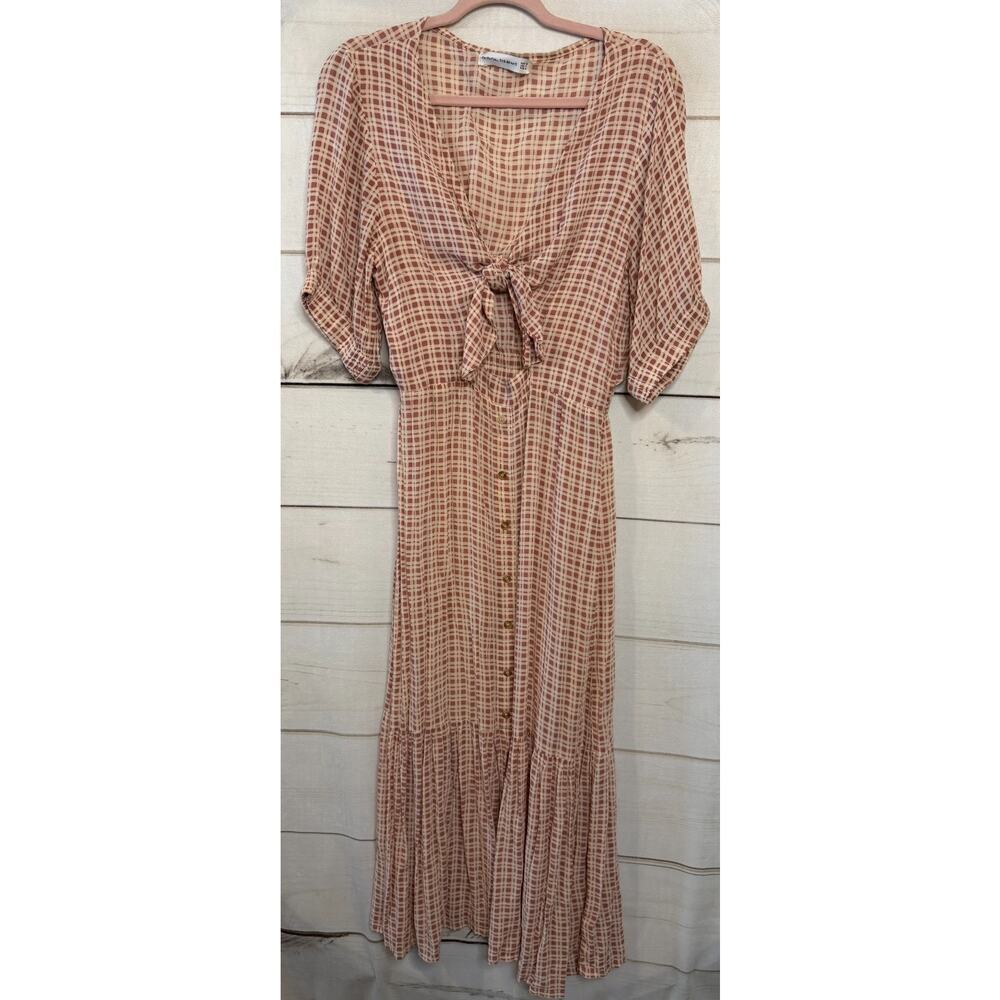 Faithfull The Brand Size MED Midi‎ Pink Plaid Print Tie Front Preppy Cute